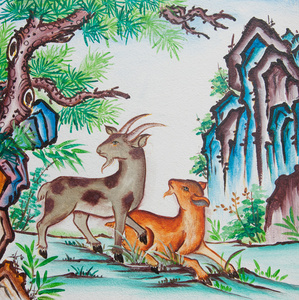 中国山山羊绘画在中国寺庙墙上照片