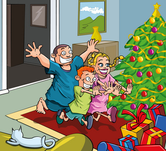 卡通小孩往圣诞树运行图片