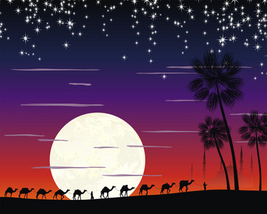 骆驼在沙漠中的车队