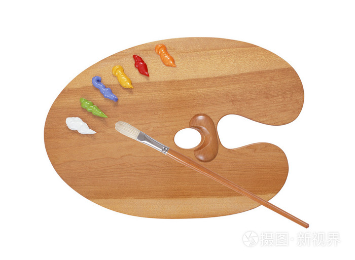 木制艺术调色板与 blob 的油漆和白背上的画笔