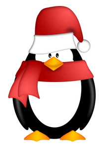 企鹅与圣诞老人帽子和一条红围巾剪贴画