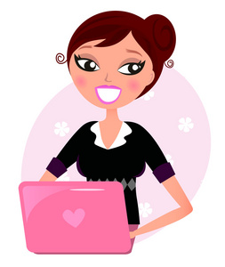 办公室深色头发的女人用粉红色的笔记本电脑