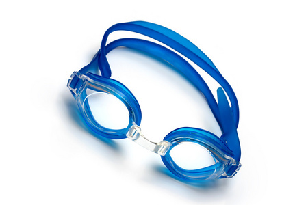 游泳在白色背景上的蓝色眼镜