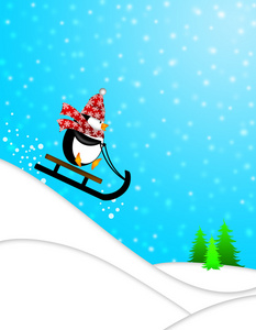 可爱的企鹅上雪橇下山图图片