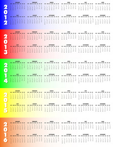 五年日历 2012年2016 年星期日开始