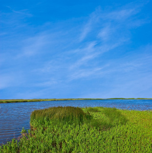 湖蓝色和绿色的原野照片