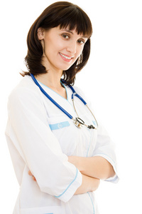 成功的女人医生用听诊器在白色背景上