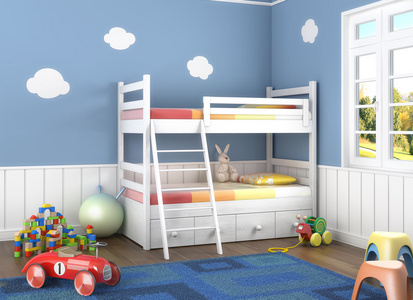 Blue childrens room with toys