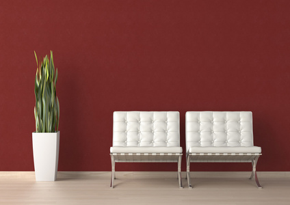 室内设计的红墙上的两个白色椅子