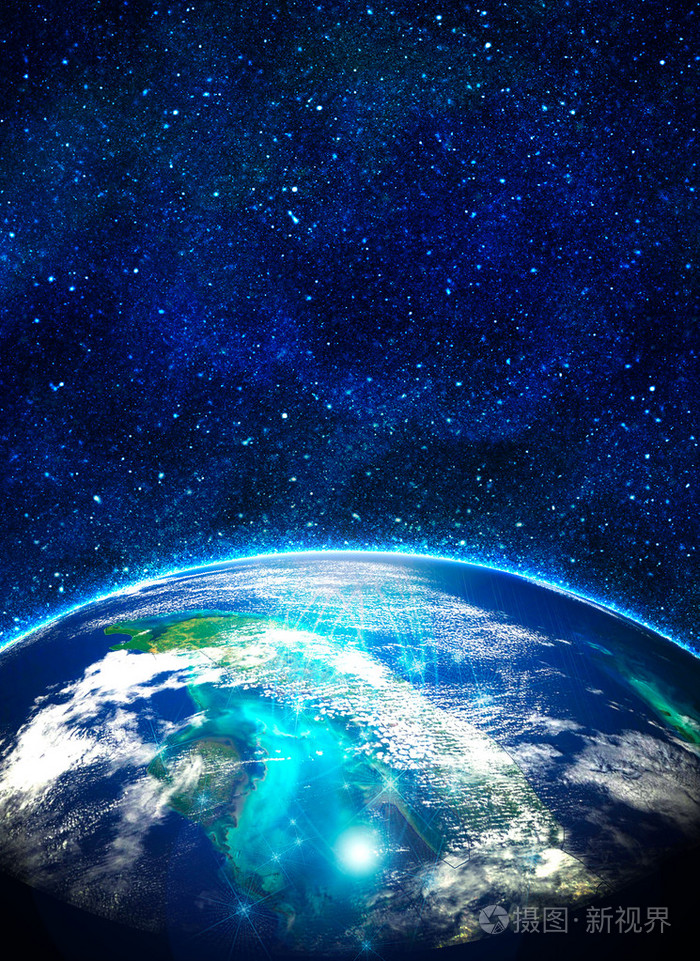 蓝色地球在冉冉升起的太阳的空间