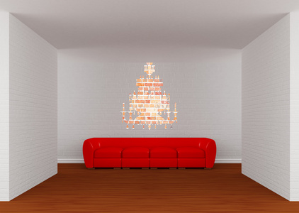 画廊的大厅与红色的沙发和枝形吊灯剪影