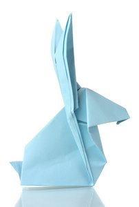 用白色上孤立的蓝纸折纸兔