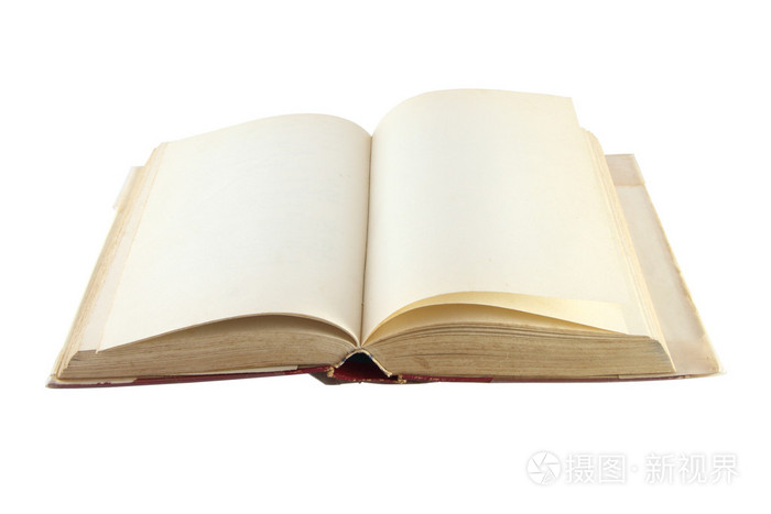 空白本老书打开在白色背景上的侧视图