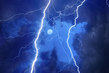 打雷闪电和风暴打雷下雨背景晚上打雷闪电城市上空夏季特大风暴带来