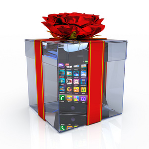 礼品盒用白色背景上的智能手机