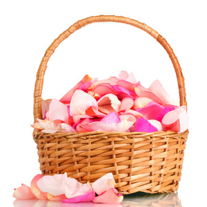美丽粉红玫瑰花瓣放在篮子上白色隔离