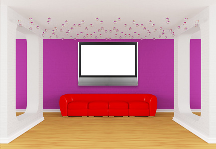 现代画廊大厅与红色的沙发和平板电视