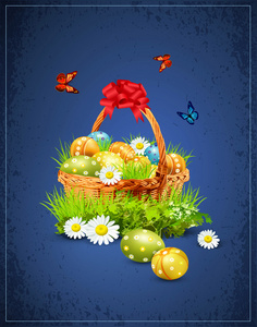 蓝色背景上的复活节彩蛋一篮子