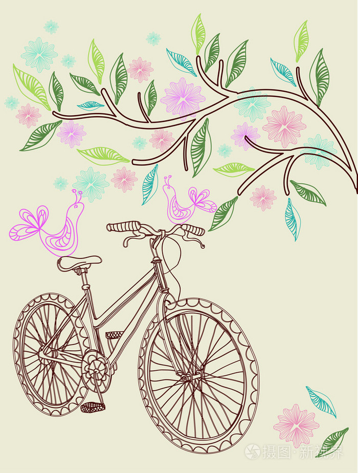 花卉背景的自行车插画-正版商用图片0vp8g5-摄图新视界