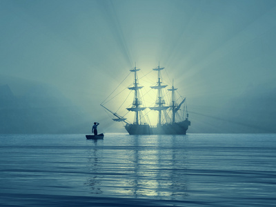 古代船只在海湾图片