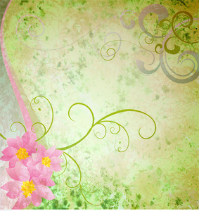 春天绿色 grunge 背景与粉色的花和蝴蝶