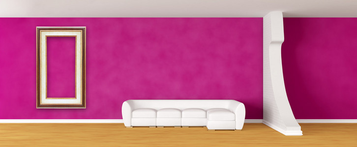 紫色的画廊的大厅与白色的沙发和框架