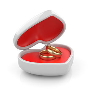 金结婚戒指在情人节 3d 框。在白色的表现力上孤立