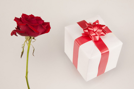 在白色背景上的红玫瑰和白色礼物