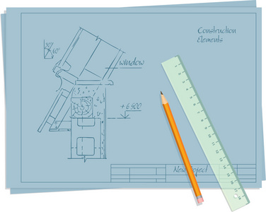 建筑师建筑元素草案与铅笔和尺子