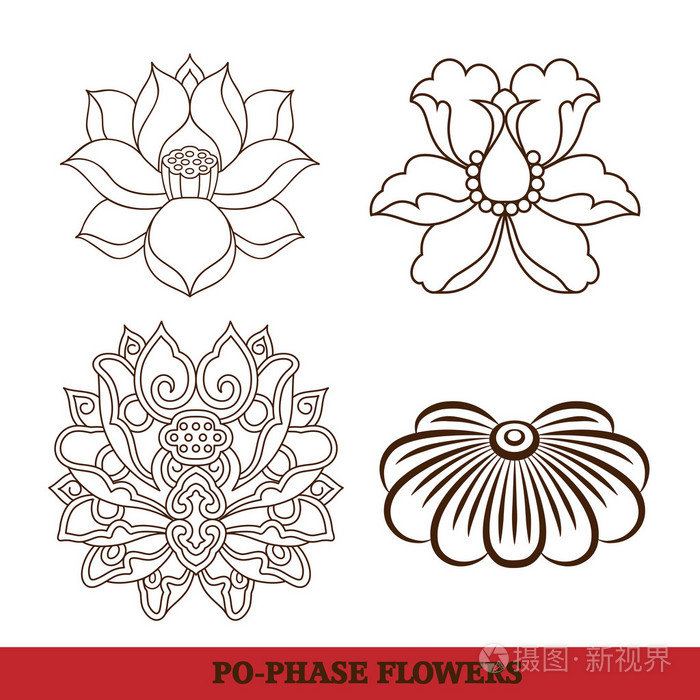 中国的虚拟宝相花一套: 莲花, 牡丹皮