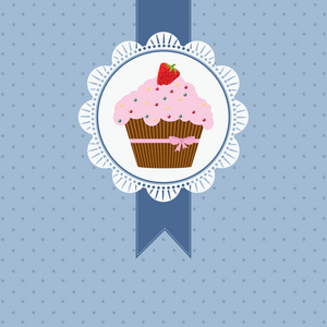 草莓蛋糕和粉红丝带与弓的生日贺卡