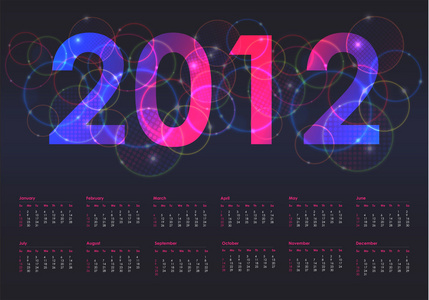2012 年多彩日历，每周从星期日开始