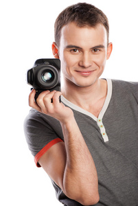 男性摄影师用相机上白色隔离