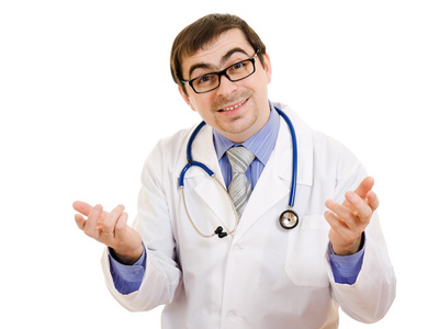 医生用听诊器和眼镜白色背景上的讲话