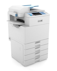在白色背景上孤立的现代办公多功能打印机