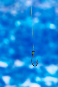 蓝色背景上的单个鱼钩