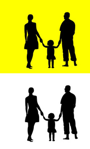 白色 黄色背景上的年轻家庭