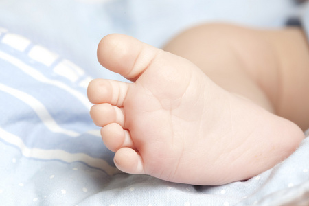 新生婴儿在蓝色的小脚丫图片