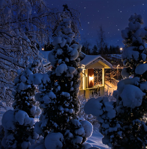 圣诞雪夜照明的房子