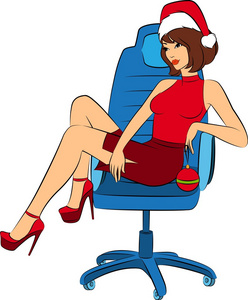 圣诞老人衣服的美丽商务女人坐在办公室的椅子上。矢量