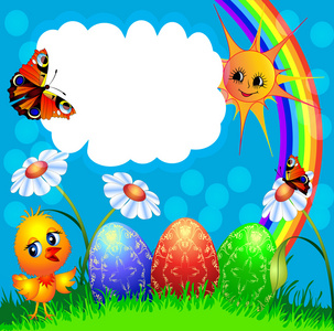 复活节蛋和有趣的鸡和彩虹背景