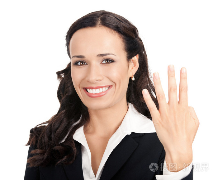 女商人在白纸上显示四个手指