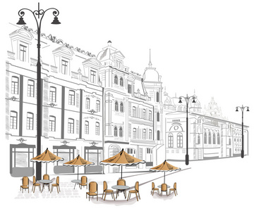 系列的咖啡馆在草图的旧街道上图片