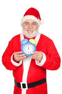 面带笑容的圣诞老人和闹钟时钟