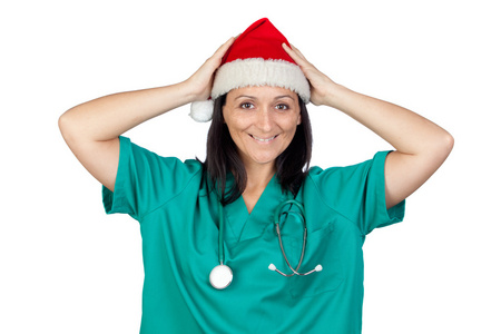 惊讶的医生女人戴着圣诞帽子