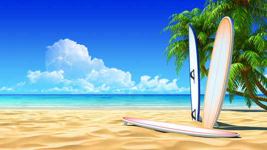 田园热带沙滩上的三个冲浪板。无噪音 清洁，非常详细的 3d 呈现。冲浪 休息 假期 度假村设计的概念