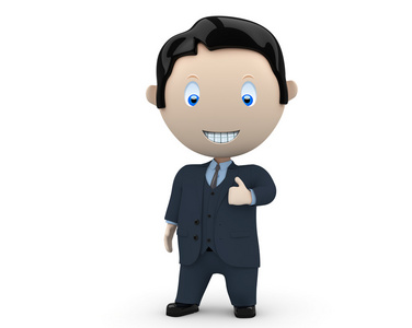 社会的 3d 人物: 西装显示大手指的幸福微笑商人.