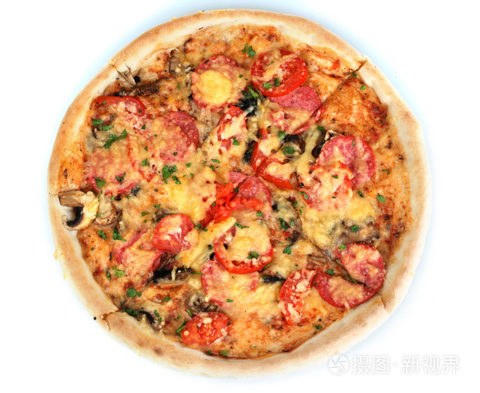 美味披萨香肠和蔬菜上白色隔离