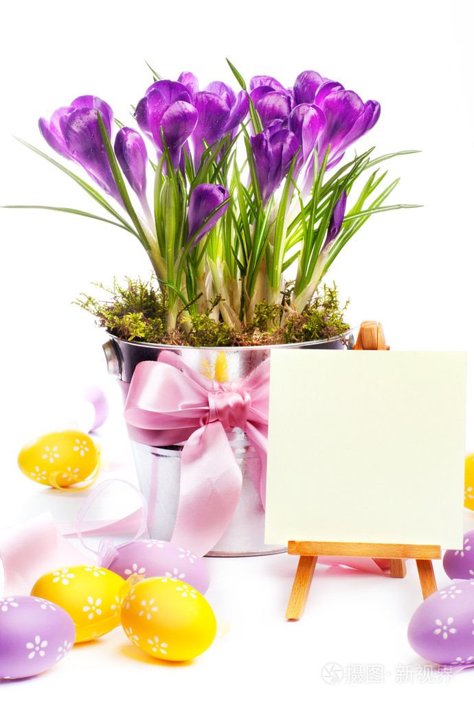 七彩复活节彩蛋和春天的花朵