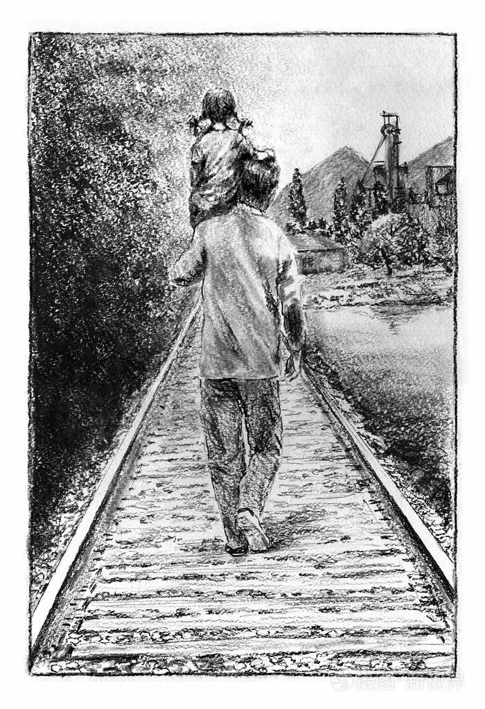 父亲和女儿在铁路上